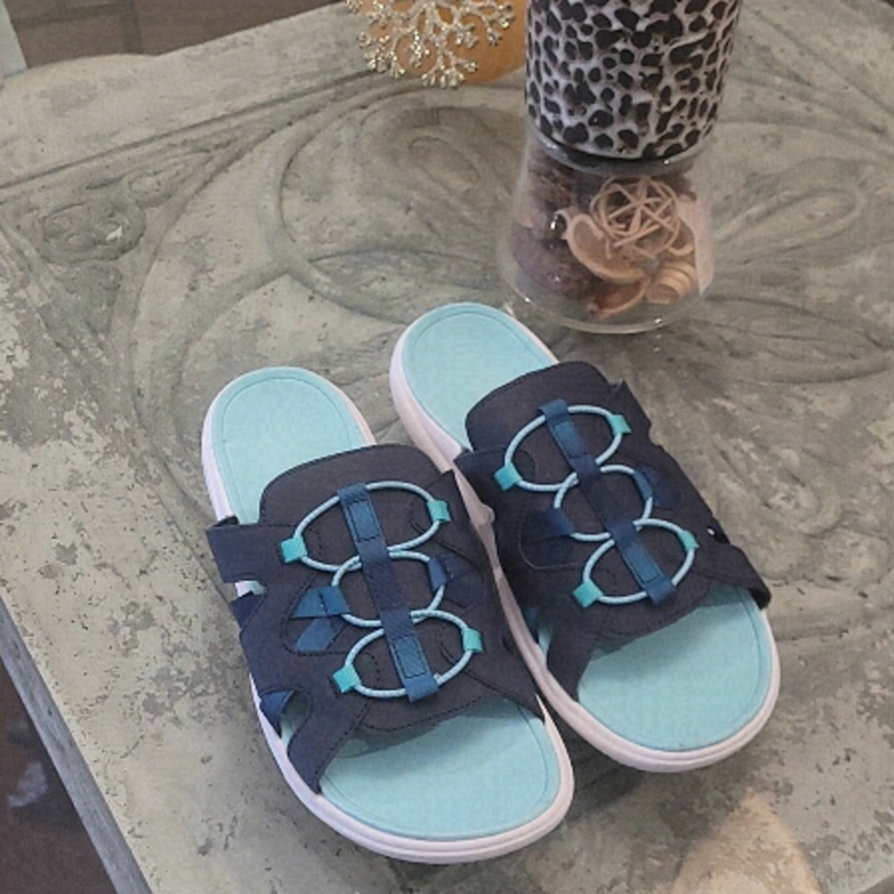 Lands End Womens Slides Water Sandals Blue White Lightweight Slip Ons 11